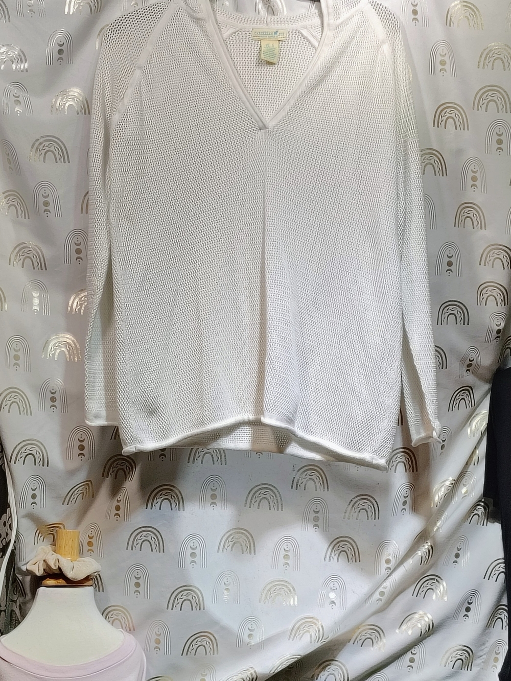 Caribbean Joe White Open-Knit V-Neck Sweater